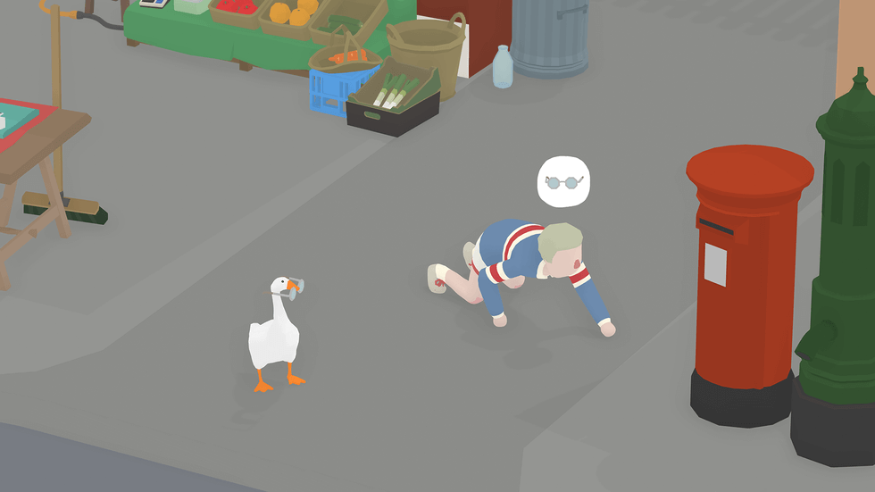 Tampilan game Untitled Goose Game dengan gaya grafik yang sederhana